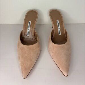 Manolo Blahnik Nude Suede 
Slight wear and tear on bottom of heels
OBO